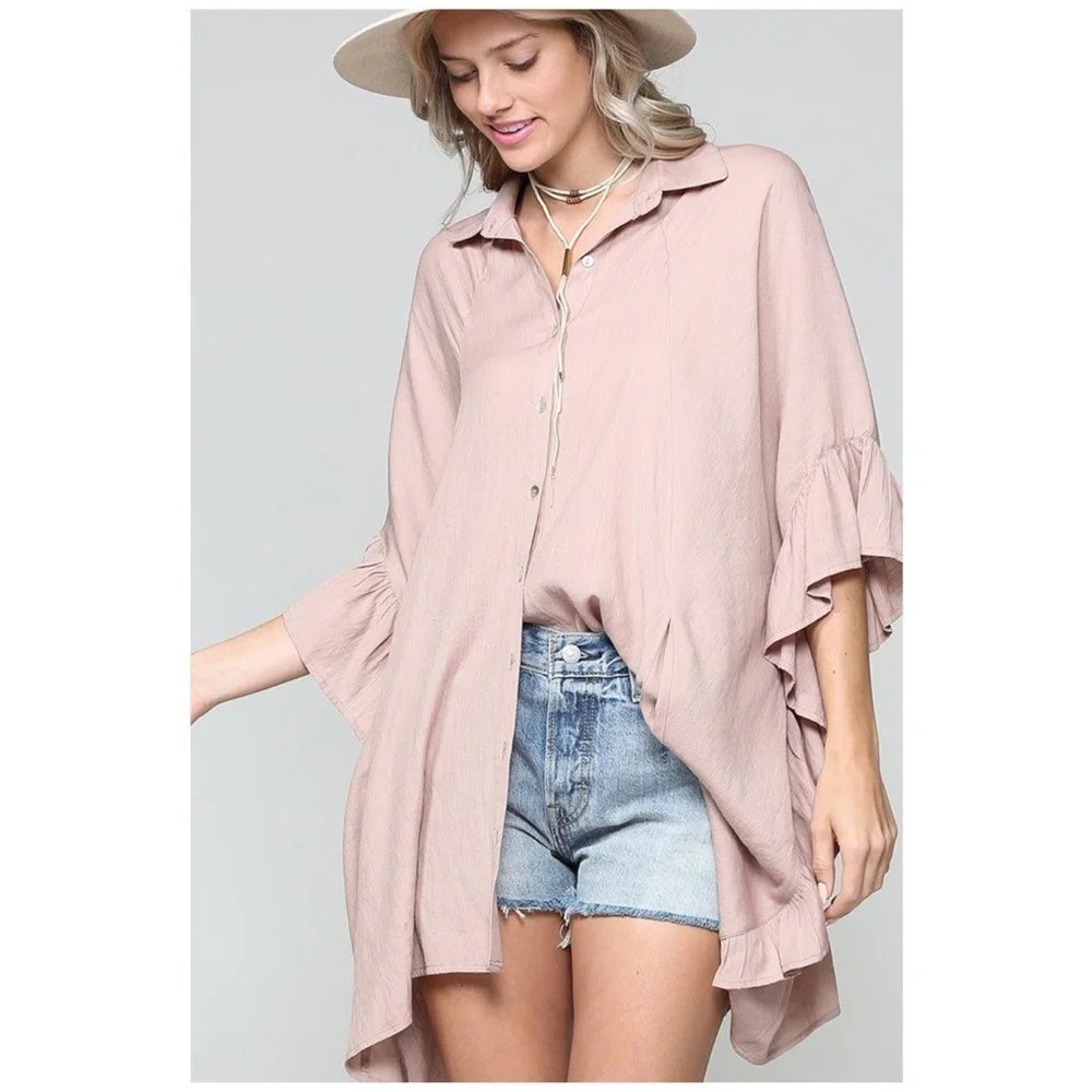 034 solid Oversized Button up Pocket Ruffle Sleeve Blouse - Picture 5 of 7